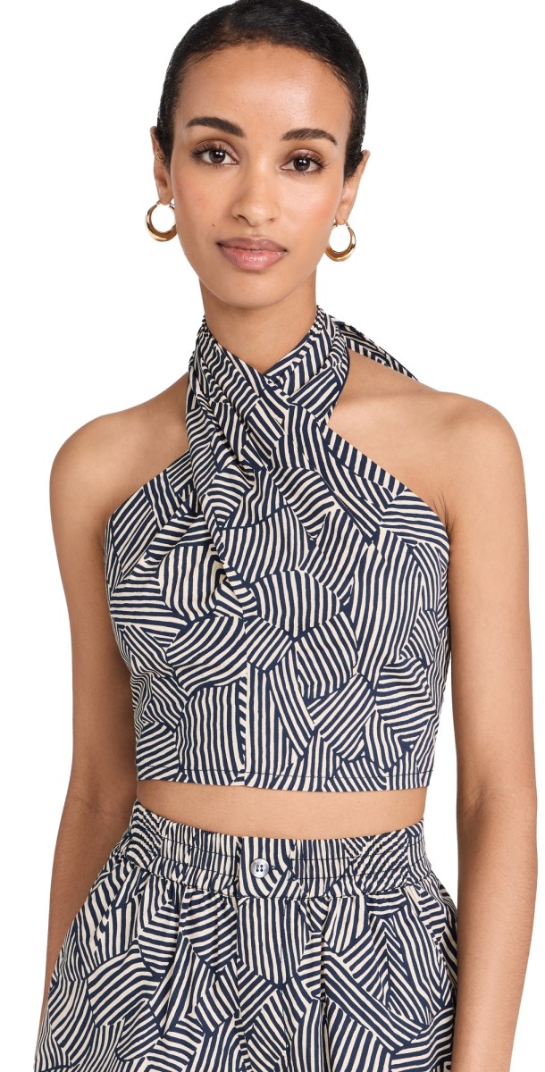 STAUD Smocked Kai Top Navy Mosaic
