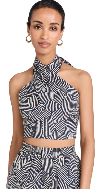 STAUD Smocked Kai Top Navy Mosaic