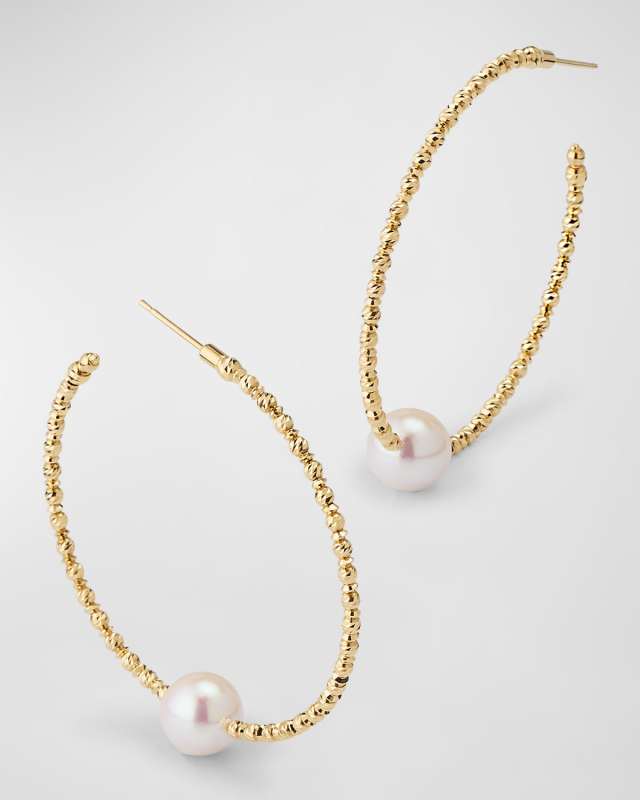 18K Yellow Gold Akoya Pearl Hoop Earrings