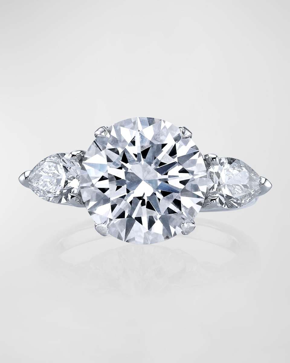 Platinum 3 Stone Ring with Large White Round Diamond and 2 Pear Shaped White Diamond Sides, Size 6.5, 6.03tcw