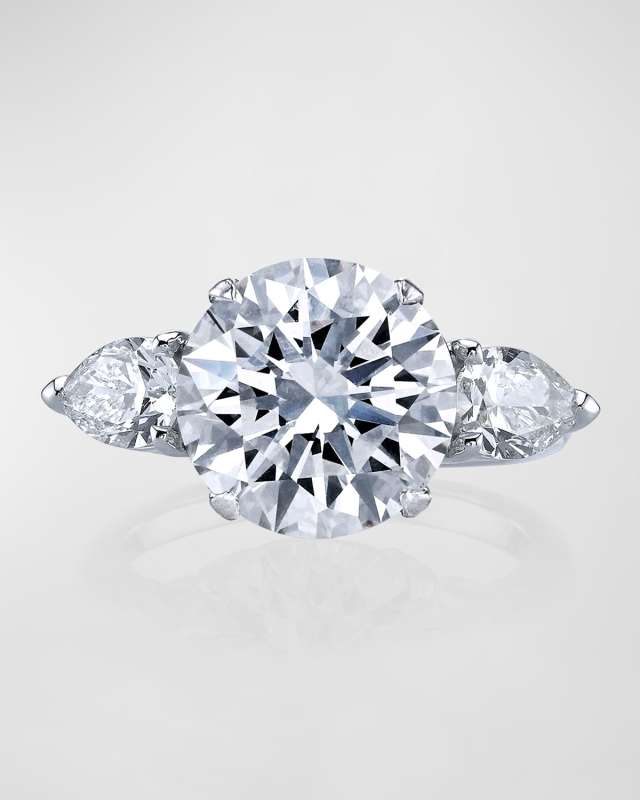 Platinum 3 Stone Ring with Large White Round Diamond and 2 Pear Shaped White Diamond Sides, Size 6.5, 6.03tcw