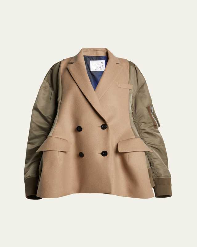 Hybrid Quilted Double-Breasted Nylon-Sleeve Bomber Jacket