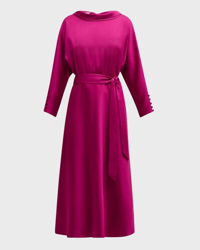 Belted Funnel-Neck Midi Dress