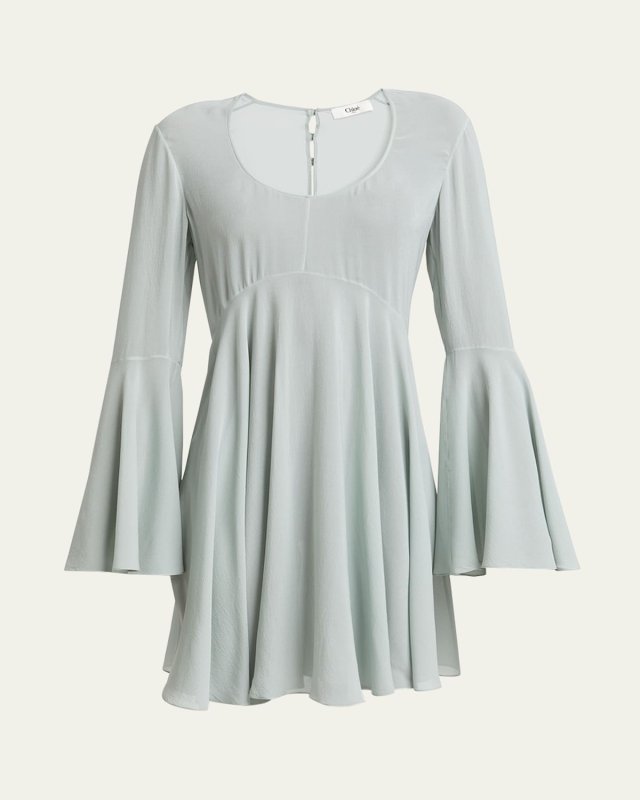 Bell-Sleeve Silk Georgette Mini Dress