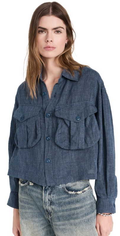 R13 Cropped Bellow Pocket Shirt Indigo Blue