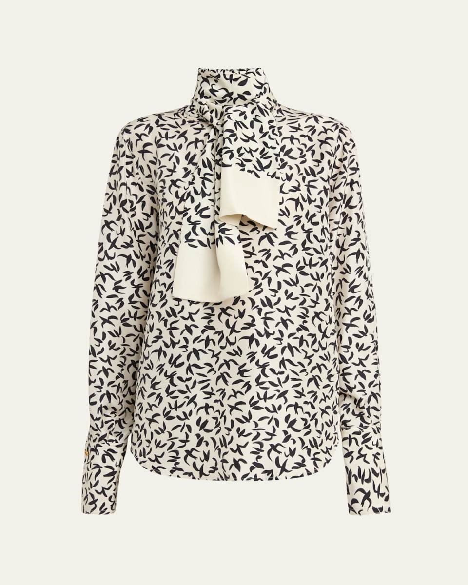 Jami Swallows-Print Silk Shirt With Scarf