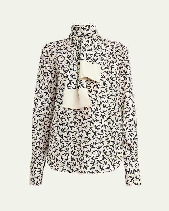 Jami Swallows-Print Silk Shirt With Scarf