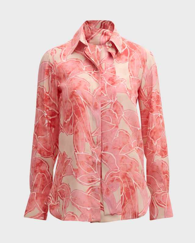 Floral-Print Long-Sleeve Neck-Scarf Silk Blouse