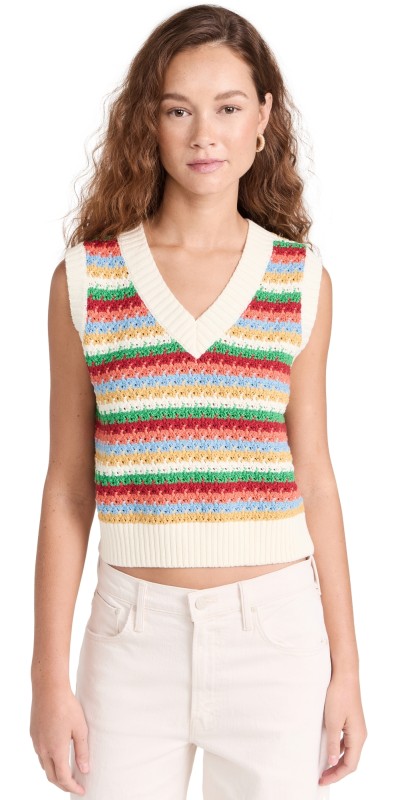 KITRI Winona Multi Striped Crochet Knit Vest Blue Multi