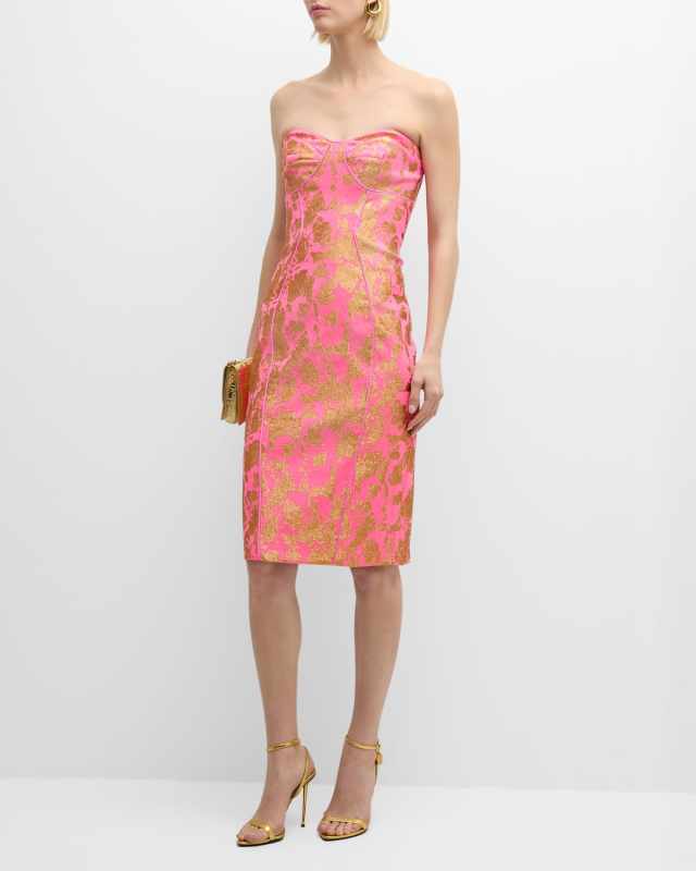 Strapless Bodycon Metallic Jacquard Midi Dress