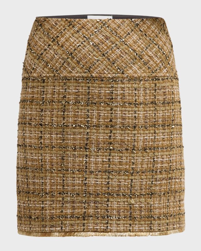 Metallic Plaid Mini Skirt With Fringed Hem