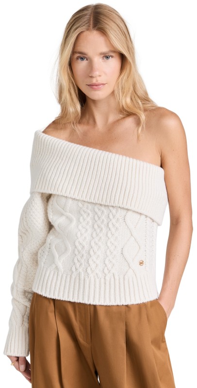 RECTO One Shoulder Chunky Cable Knit Top Cream