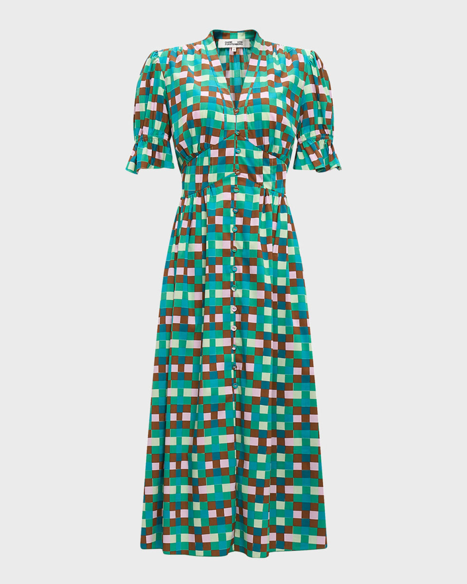 Erica Geometric-Print Puff-Sleeve Midi Dress
