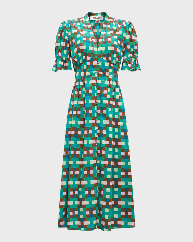 Erica Geometric-Print Puff-Sleeve Midi Dress
