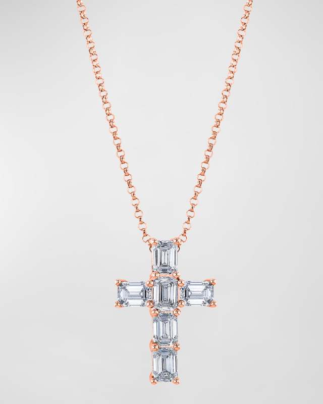 18K Gold 6-Stone Shared Prong Emerald Cut Diamond Cross Necklace, 16"L, 2.00tcw