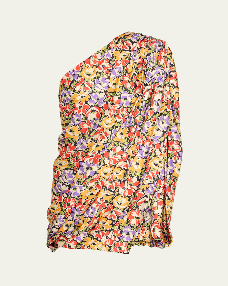 One-Shoulder Draped Floral Print Mini Dress