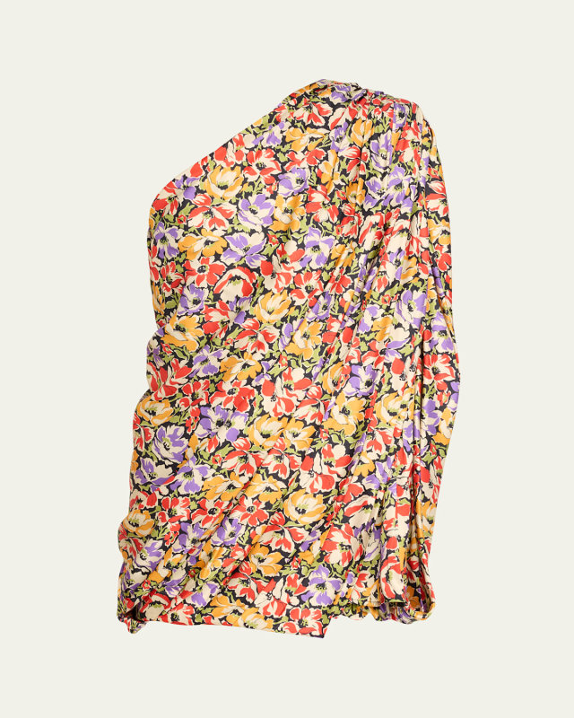 One-Shoulder Draped Floral Print Mini Dress