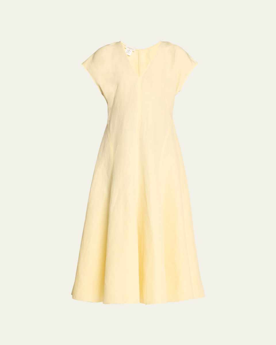 V-Neck A-Line Silk-Linen Midi Dress