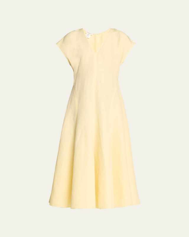 V-Neck A-Line Silk-Linen Midi Dress