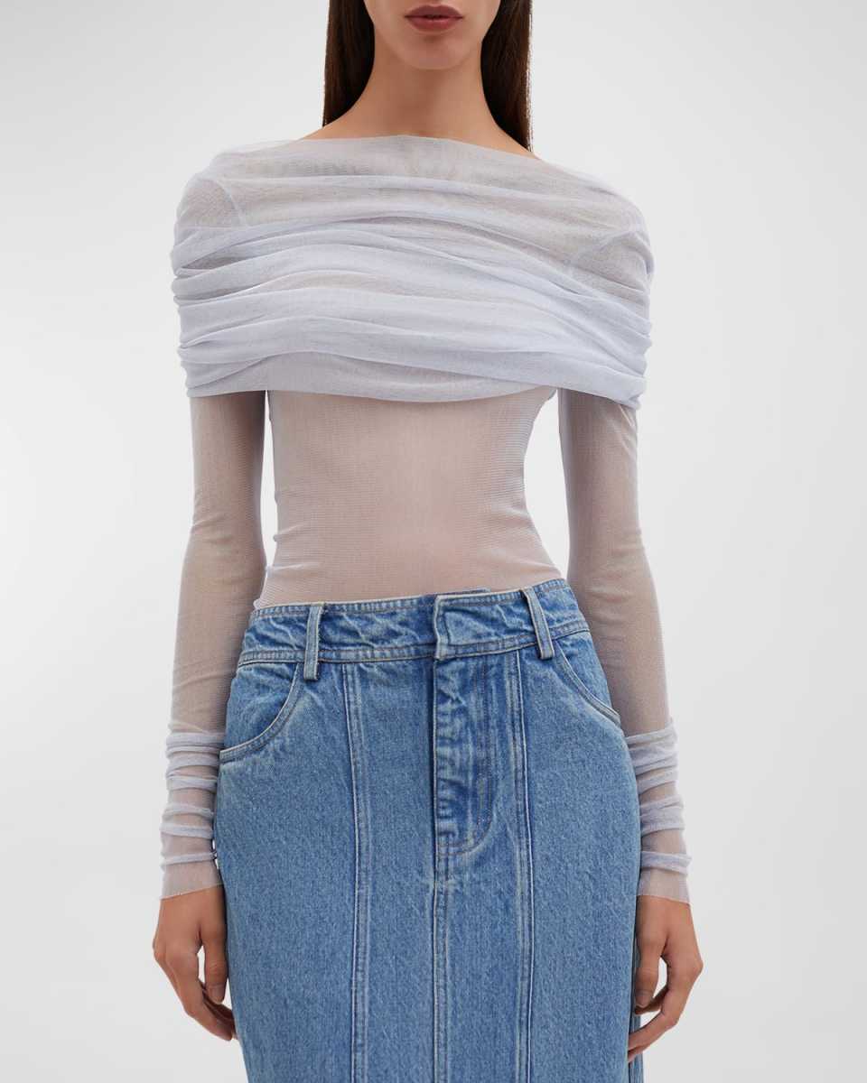 Veiled Ruched One-Shoulder Mesh Top