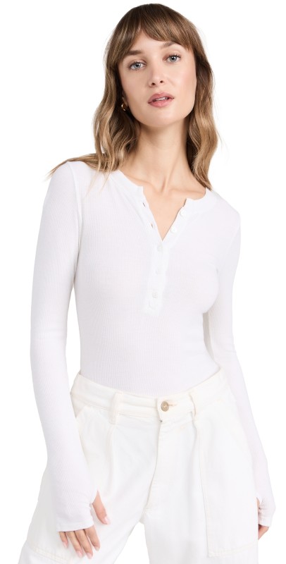 Enza Costa Rib Longleeve Baseball Henley Top Cloud