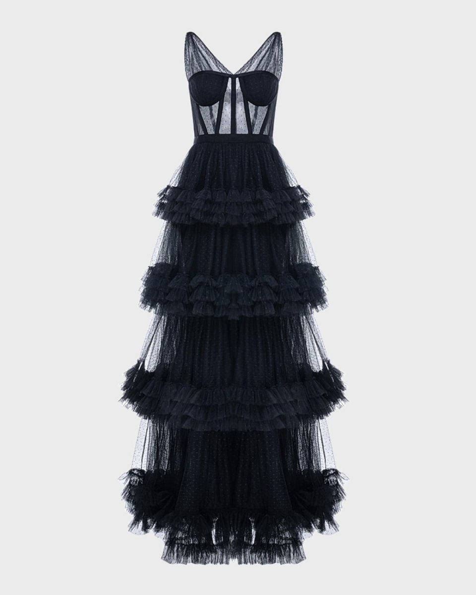 Caitlin Tiered-Ruffle Swiss Dot Tulle Gown