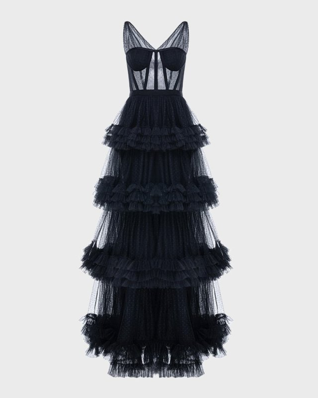 Caitlin Tiered-Ruffle Swiss Dot Tulle Gown