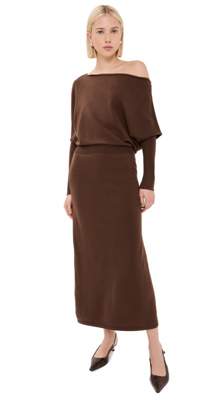SIMKHAI Janese Off Shoulder Midi Dress Chocolate