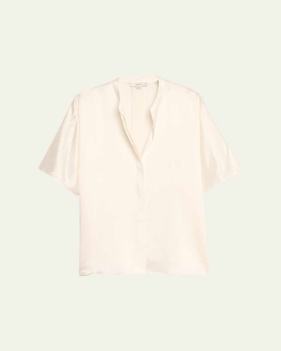 Short-Sleeve Dolman Button-Front Silk Blous