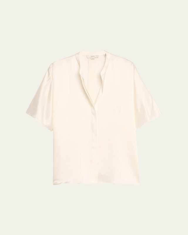 Short-Sleeve Dolman Button-Front Silk Blous