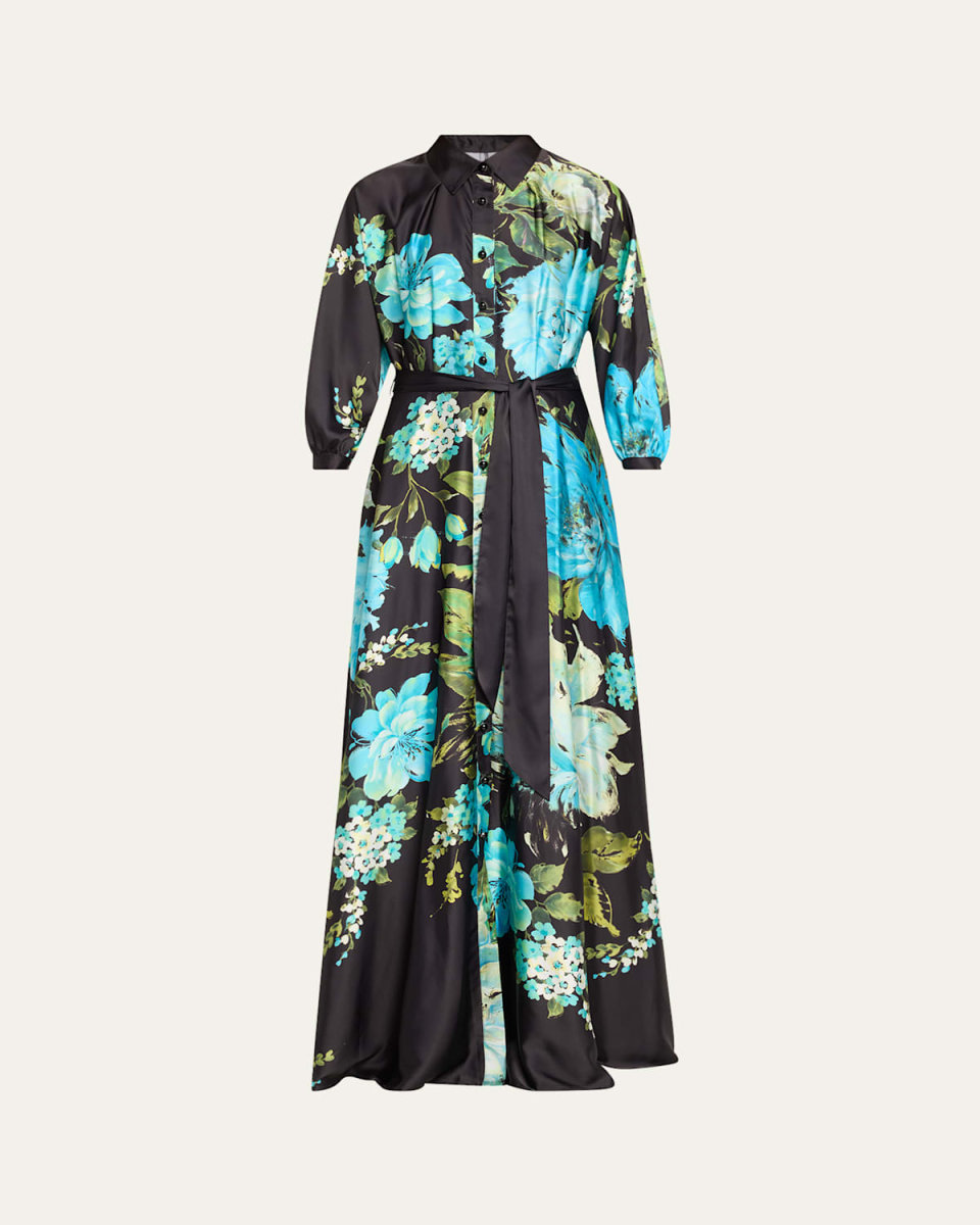 3/4-Sleeve Floral-Print Twill Shirt Gown