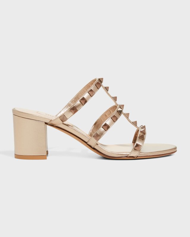 Rockstud Caged Metallic Leather Slide Sandals