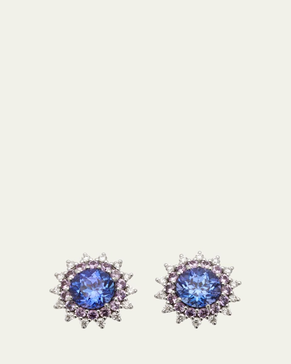 White Gold Stud Earrings with Diamond, Tanzanite and Pink Sapphire