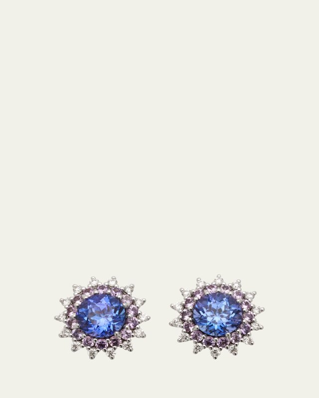 White Gold Stud Earrings with Diamond, Tanzanite and Pink Sapphire