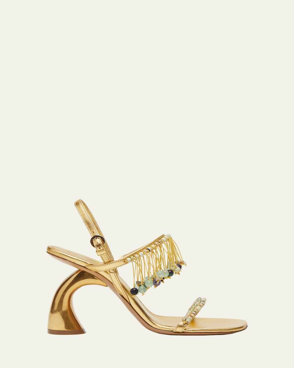 Metallic Beaded Fringe Slingback Sandals