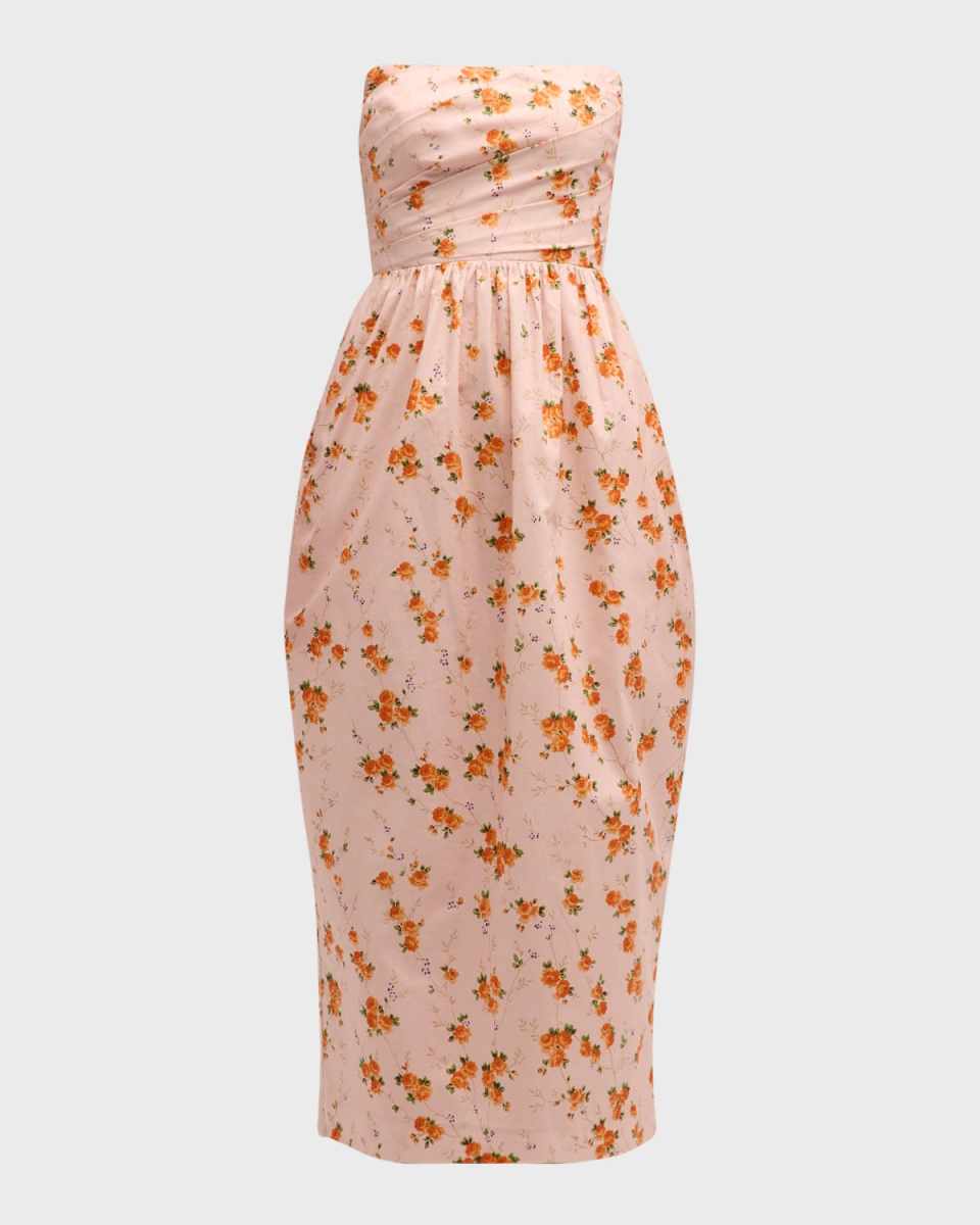 Luxie Strapless Asymmetric Draped Midi Dress