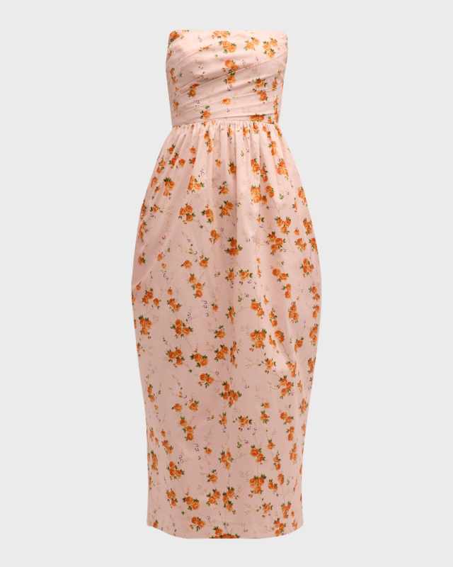 Luxie Strapless Asymmetric Draped Midi Dress