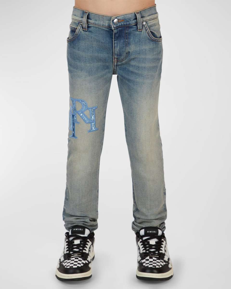 Boy's Staggered Logo-Print Jeans, Size 4-12