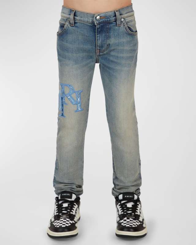 Boy's Staggered Logo-Print Jeans, Size 4-12