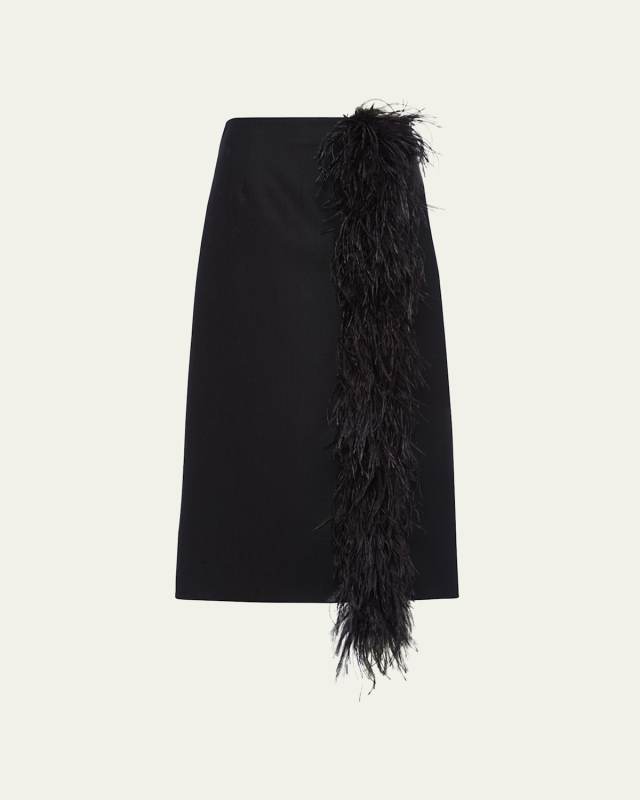 Feather-Trimmed Wool Midi Skirt