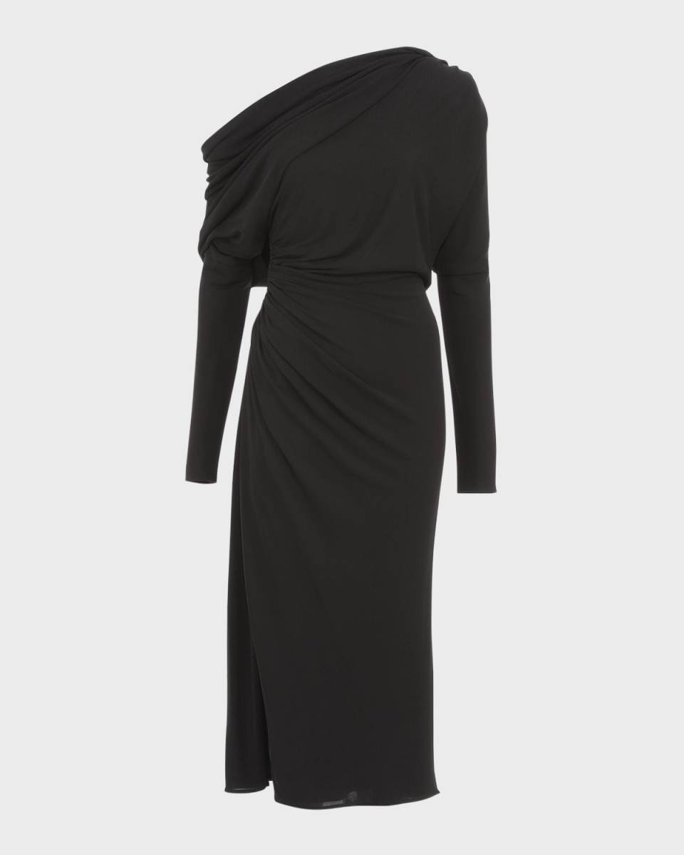 One-Shoulder Long-Sleeve Draped Jersey Midi Dress