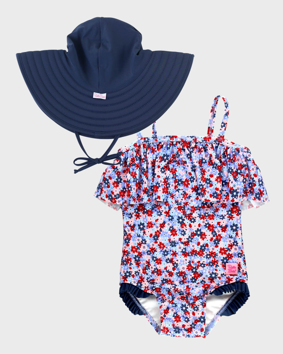 Girl's Floral-Print One-Piece Swimsuit W/ Sun Hat, Size 3M-
