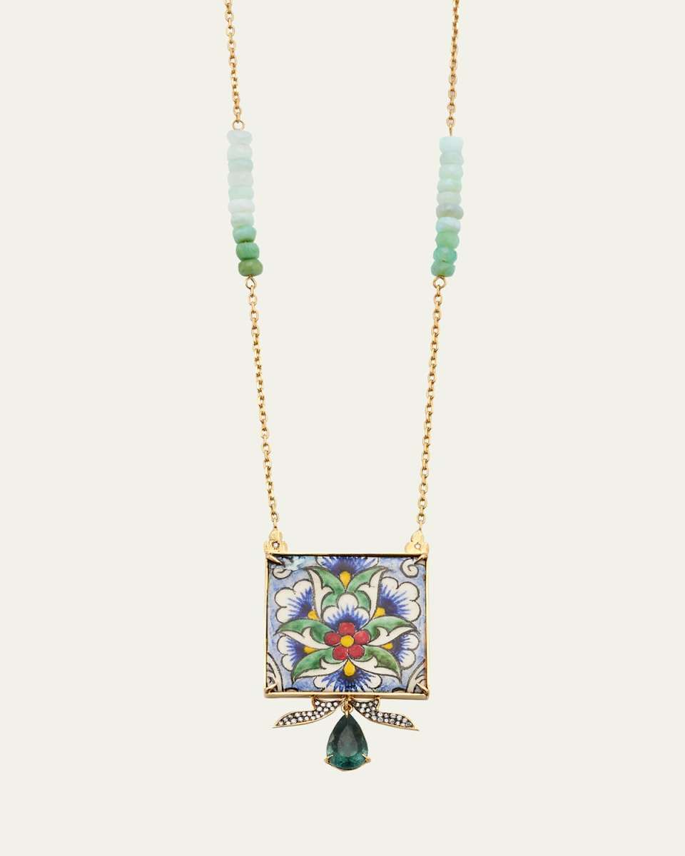 Yellow Gold Neckalace with Diamond, Green Tourmaline and Opal