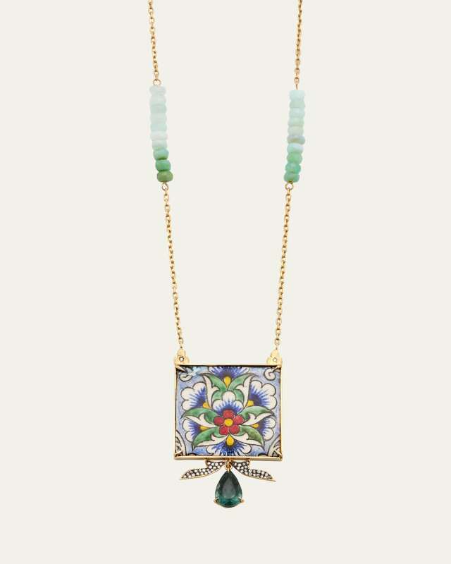 Yellow Gold Neckalace with Diamond, Green Tourmaline and Opal