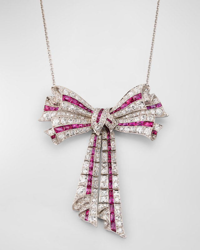 Estate Platinum European Cut Diamond and Burma Ruby Pendant Necklace