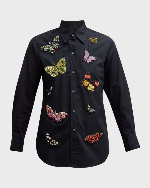 Millions of Butterflies Embroidered Button-Front Shirt