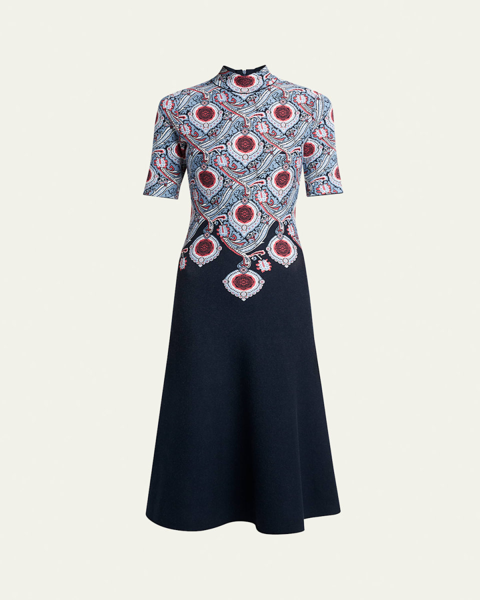Printed High-Neck Knit Midi Dress