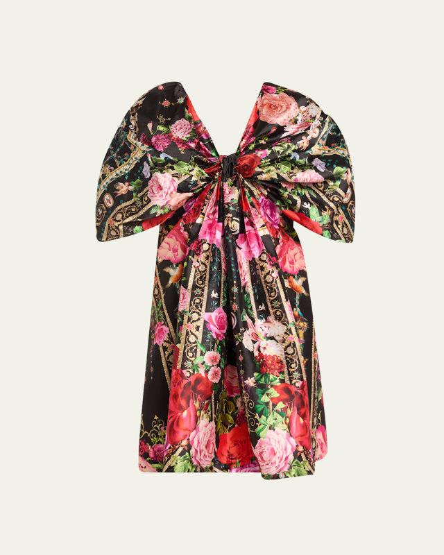 Floral-Print Taffeta Bow Mini Dress