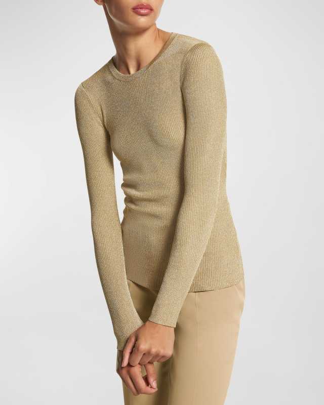 Metallic Rib Long-Sleeve Crewneck Sweater