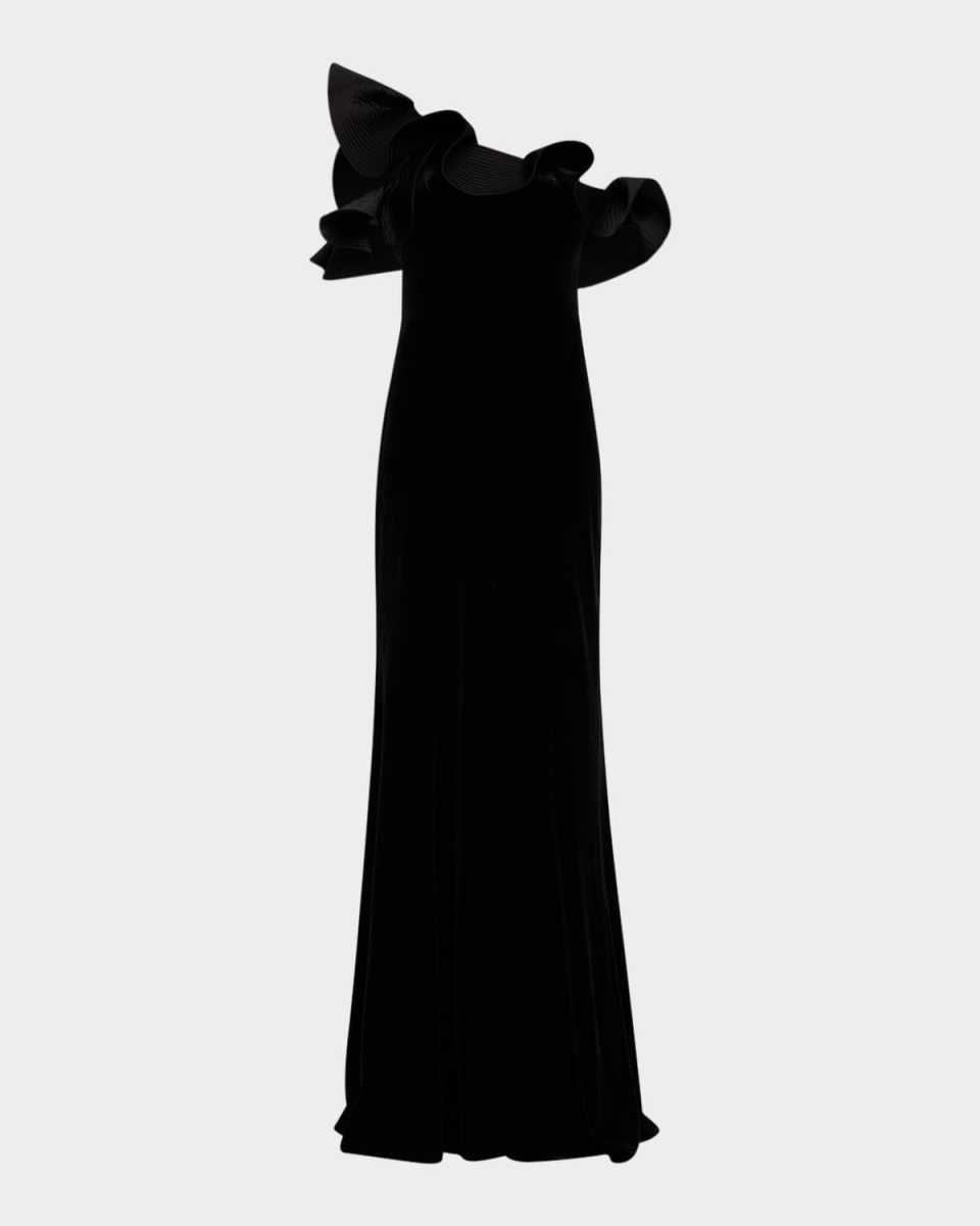 One-Shoulder Ruffle Stretch Velvet Gown